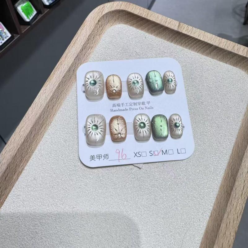 Handcrafted Press-On Nails Short Square Style Emerald Cat Eye Gemstone Design Women
