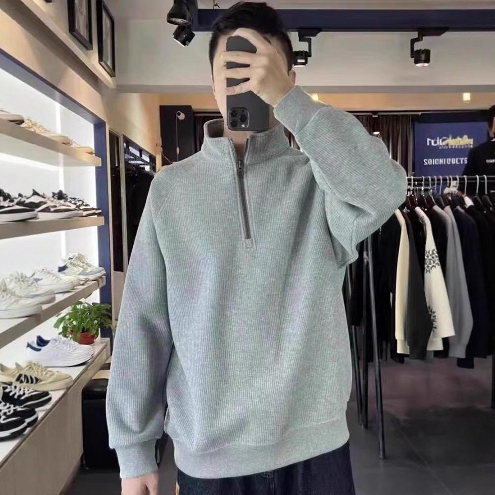 High Street Blockbuster Men's 2025 New Sweater Embroidered Half Zipper Loose Stand-Up Collar Versatile Bottom Top