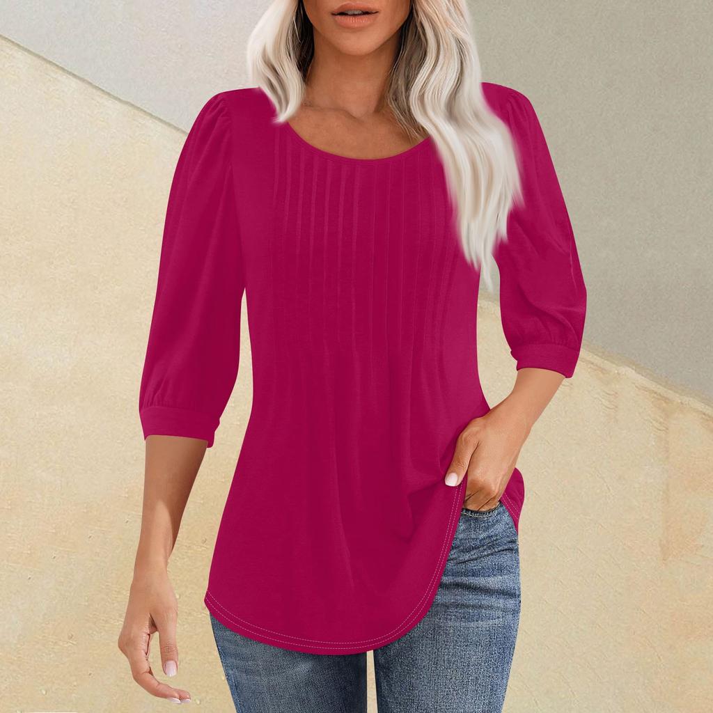 Женская мода плиссированная футболка с круглым вырезом и семью рукавами, повседневный однотонный топ