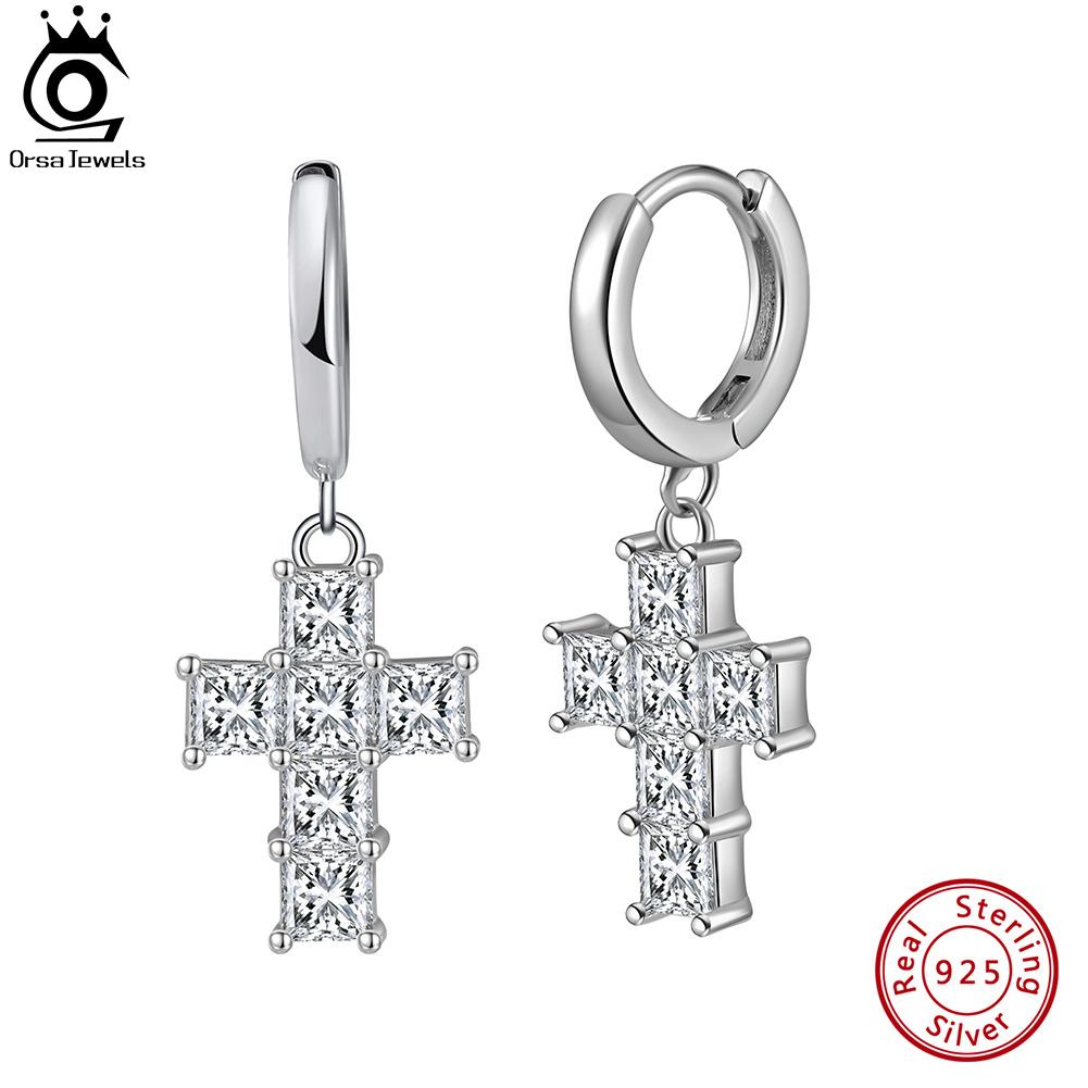 ORSA JEWELS Элегантные серьги-кресты из стерлингового серебра 925 пробы для женщин с цирконами 8A Premium, серьги-подвески, ювелирные подарки на годовщину LZE13