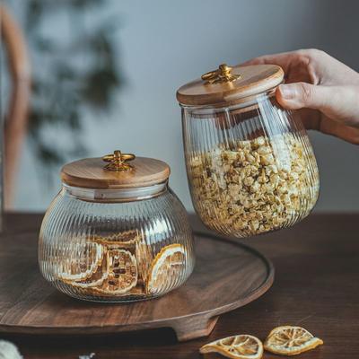 Стеклянная банка для чая, полосатая конфетница с крышкой, круглая, для сухофруктов, цветочного чая, кофейных зерен, десертов, герметичная банка, кухонный контейнер для хранения