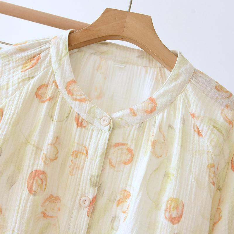 Весенне-осенний женский пижамный комплект из 100% хлопкового крепа с длинными рукавами и длинными брюками, комплект из двух предметов, воротник-стойка, домашняя одежда