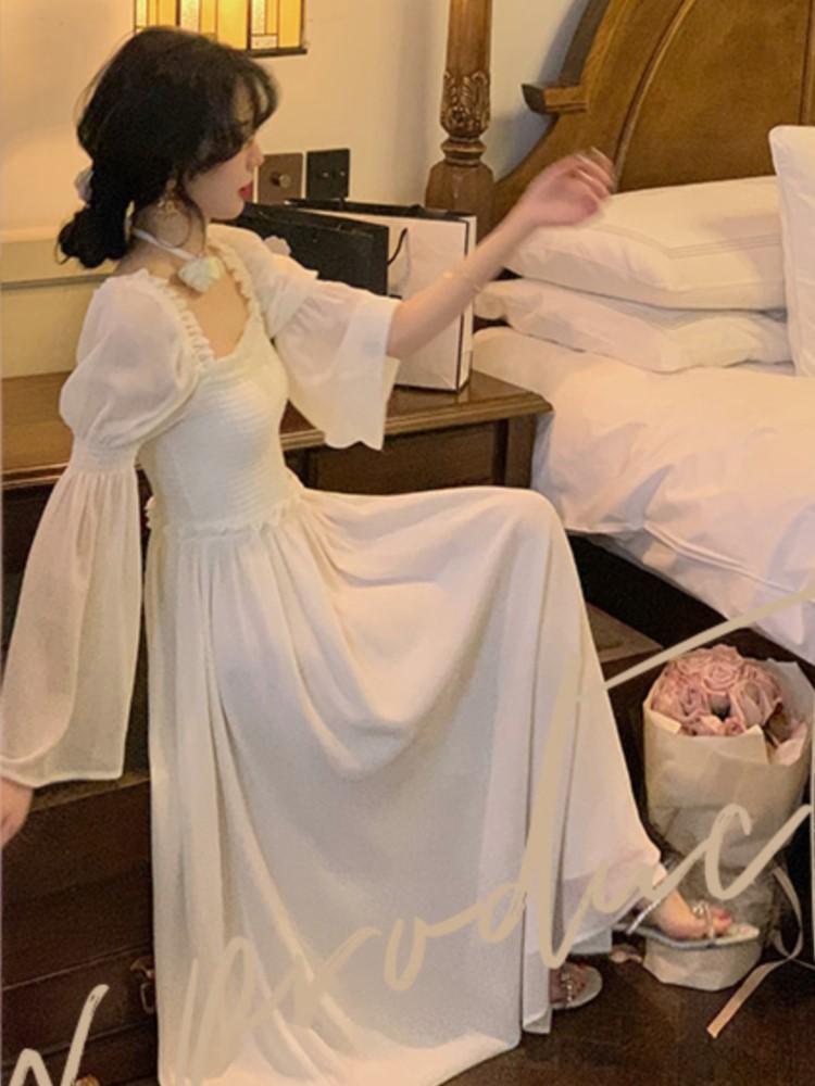 Французское винтажное платье миди, женское повседневное вечернее платье с длинным рукавом, элегантное синее весеннее пляжное цельное платье, корейская мода