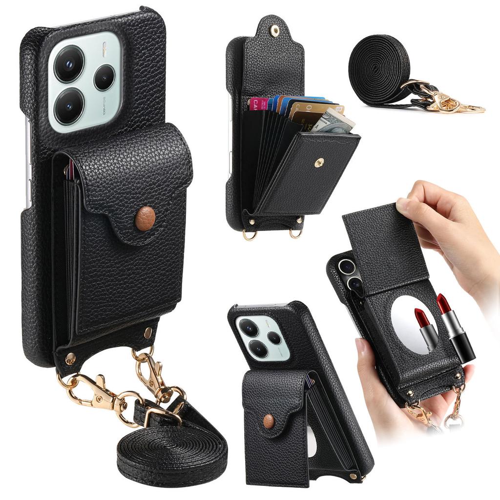 For Xiaomi Redmi Note 14 4G (163.25x76.55x8.16mm) Case Mirror Card Holder Litchi Texture Leather Phone Back Cover with Long Strap