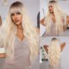 Long Curly Ombre Platinum Blonde Synthetic Hair Wigs with Bangs Women Darty Wigs Daily Cosplay Wig Heat Resistant Fiber Wigs