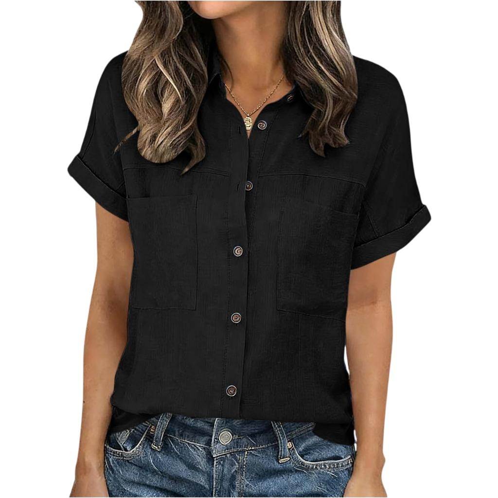 Женская модная рубашка с воротником контрастного цвета, коротким рукавом, карманом на пуговице, повседневная, свободного кроя