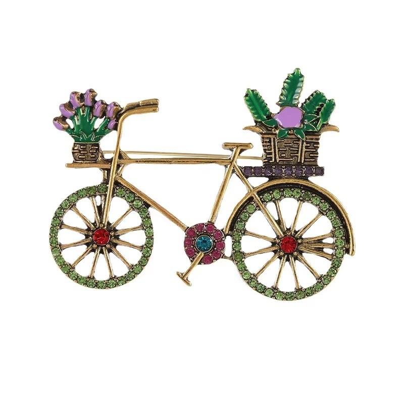 Creative Bicycle Brooch for Women Men Fashion Rhinestone Flower Basket Brooches Pins Jewelry Accessories Party Gifts 2025