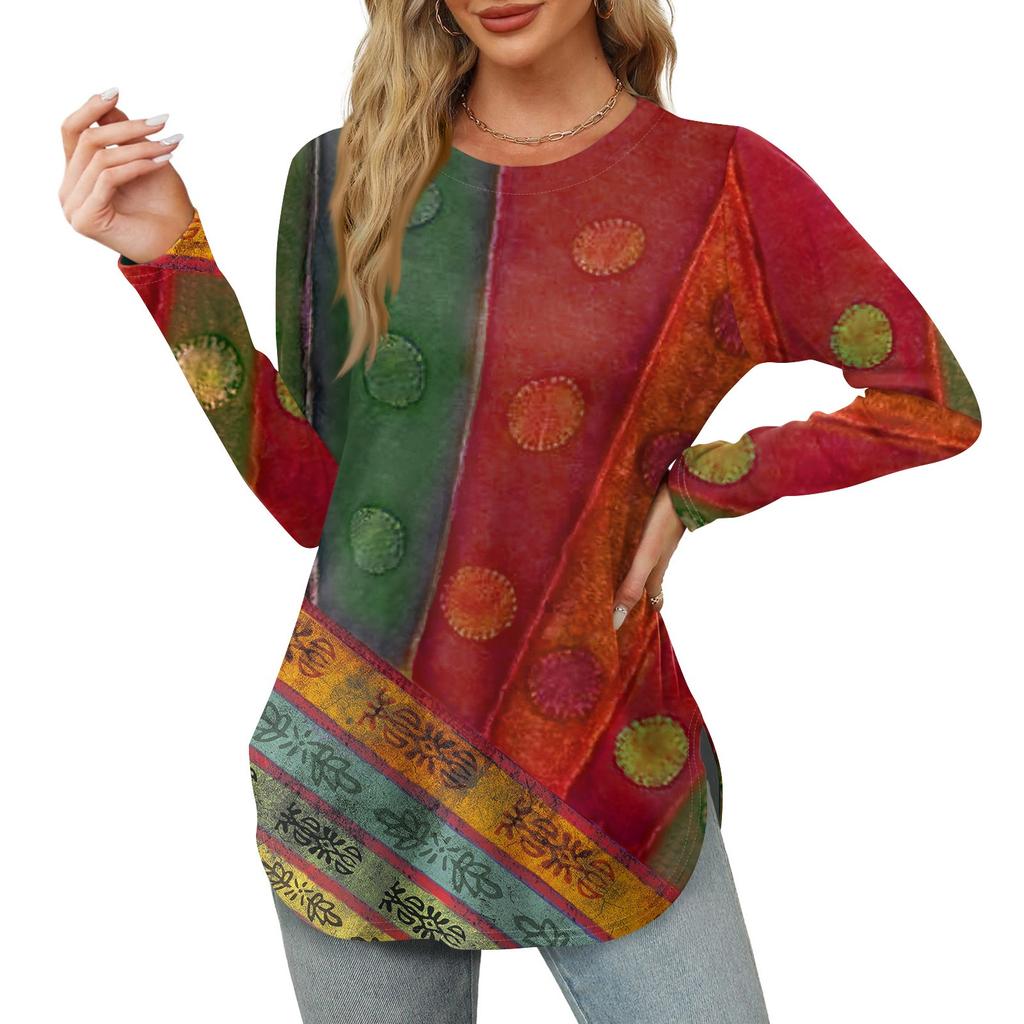 Женские рубашки с длинным рукавом и круглым вырезом, базовые свободные туники с боковым разрезом, повседневные рубашки с цветочным принтом