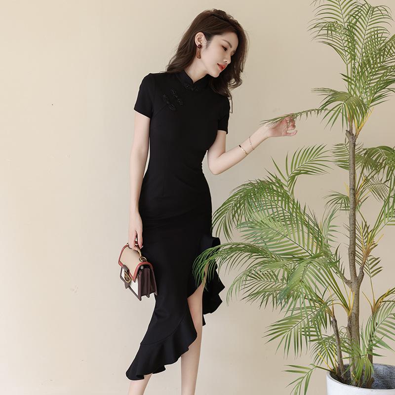 GMXIA Летнее женское новое китайское модифицированное повседневное платье Cheongsam, черное нерегулярное платье «рыбий хвост»