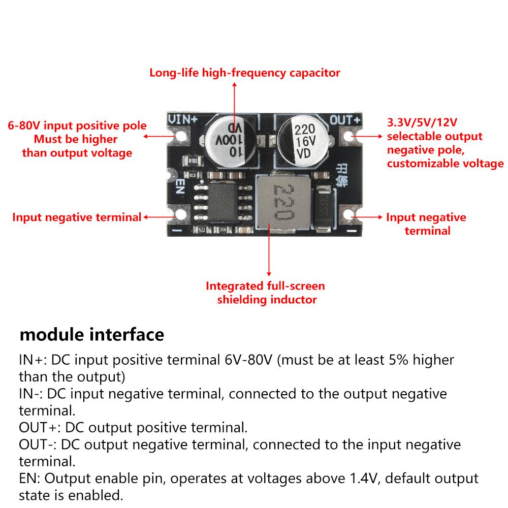 DC 6-80V to 3.3V5V12V1.2A Output High Power DC Power Supply Module Low Ripple High Conversion