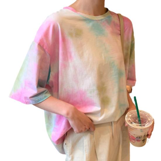 Женская милая футболка Tie Dye O шеи с коротким рукавом, базовая рубашка, свободный топ