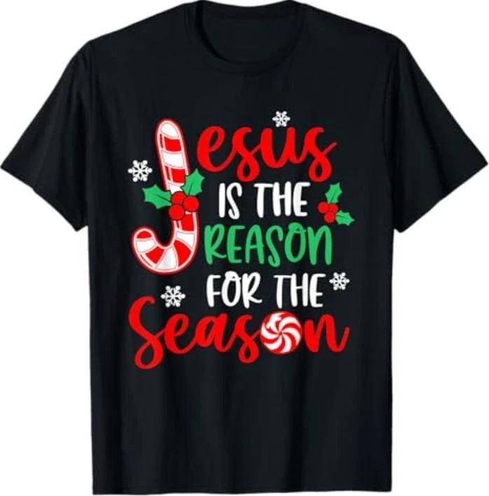 Jesus is The Reason for The Season Christmas Xmas Candy Cane 100% Cotton T-shirt Mens Tees Top