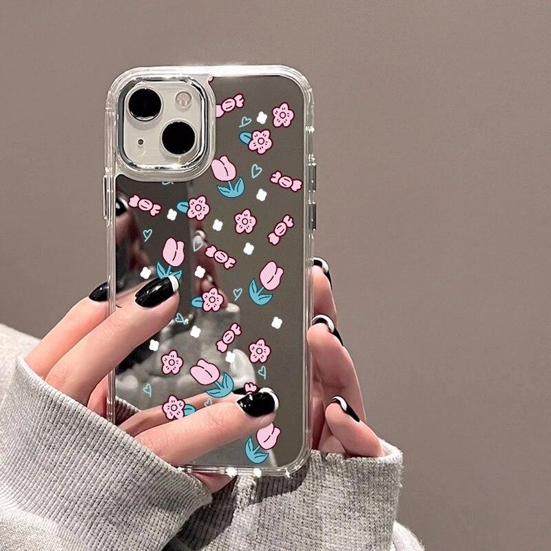 Зеркальный чехол с цветами для iPhone 11, чехол для iPhone 15 14 Pro 12 13 Pro Max X XS XR, милый противоударный мягкий чехол на заднюю панель