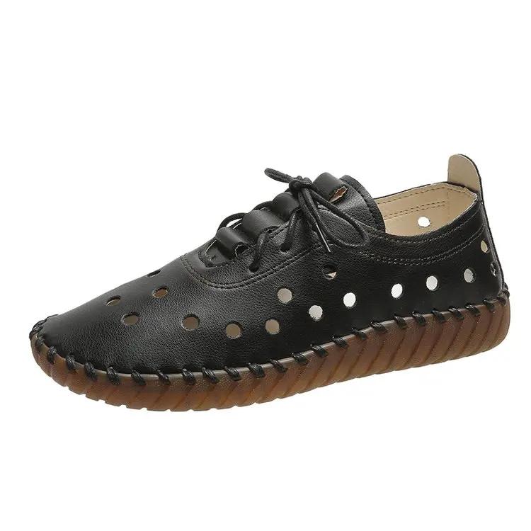 Новые дизайнерские женские туфли на плоской подошве, дышащие, сшитые оксфордские кроссовки, женские повседневные кожаные мокасины на шнуровке, черные, Zapatos Para Mujeres