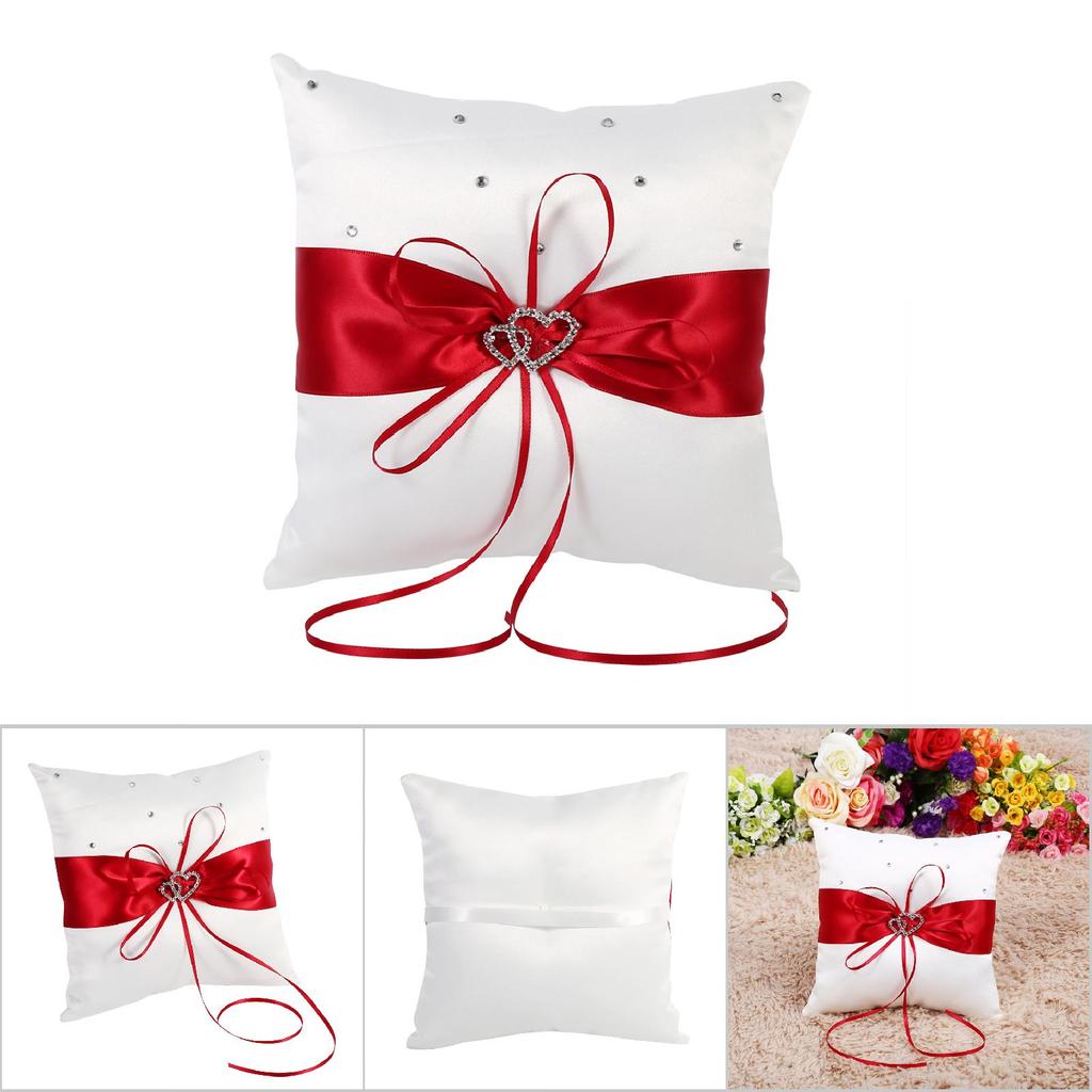 Свадебная   Подушка-держатель для колец с бантом Пятно Двойные Сердца   (белый)