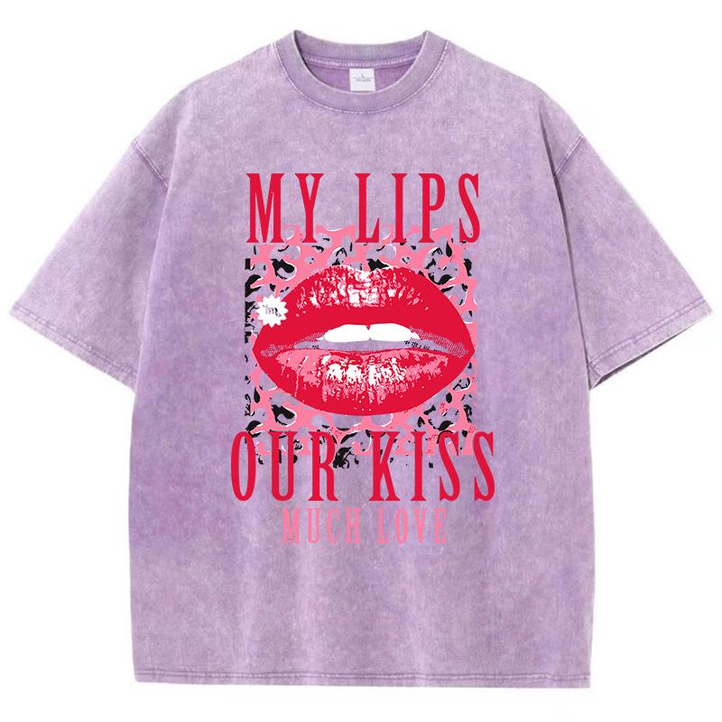 Женские футболки с кислотной стиркой Мои губы Наш поцелуй Принт с буквами Футболки Удобные топы оверсайз Уличная женская одежда