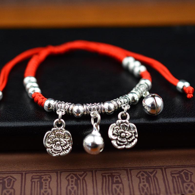 Simple Silver Retro Ethnic Style Anklet Female Beaded Red Rope Ankle Girl Accessories