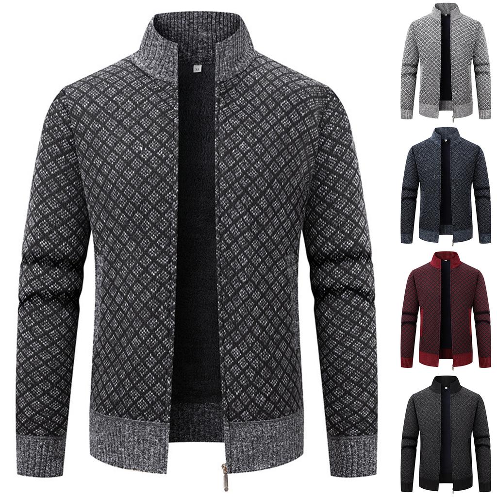 Men's Stand Collar Plus Velvet Thickened Long Sleeve Cardigan Knitted Jacket Men's Warm Sweater