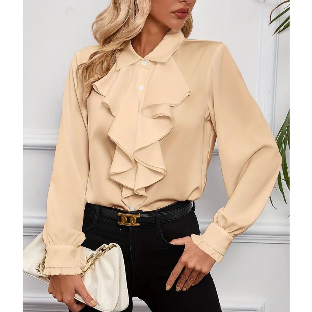 Women's Loose Casual Solid Color Ruffle Edge Shirt Long Sleeved Shirt Fashionable Shirt