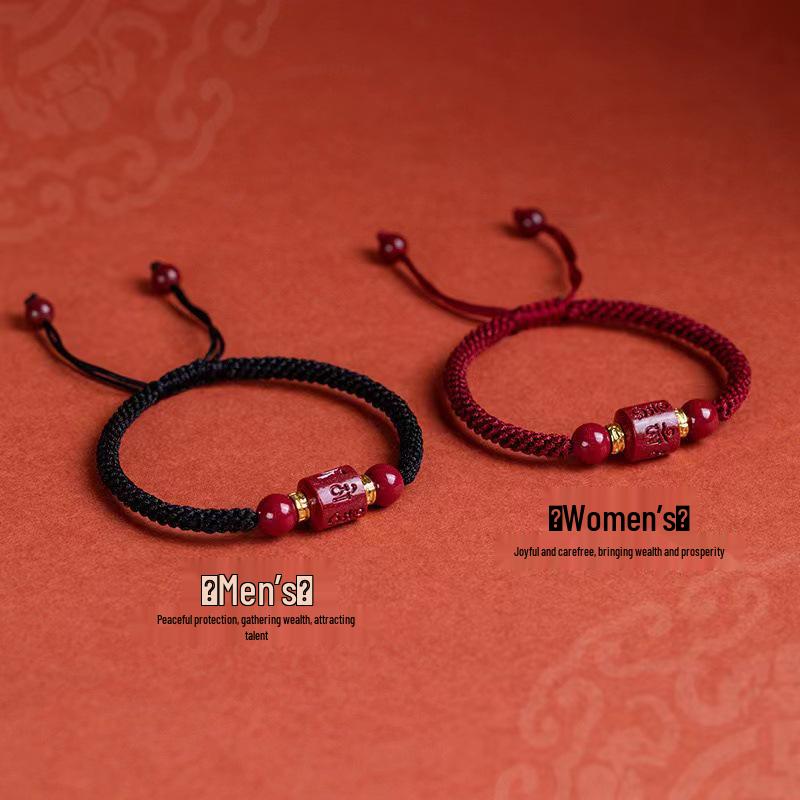 Браслет из натуральной киновари и необработанного камня - Шестислоговая мантра для года Бэнмин для мужчин и женщин, Плетеный вручную браслет из красной нити для пар