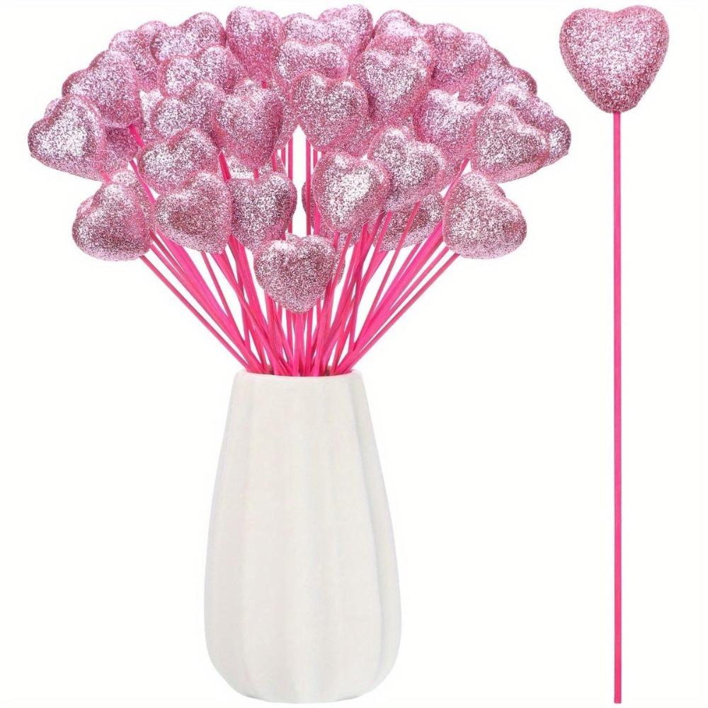 50 Pcs Glitter Foam Hearts Picks Valentine's Day Sparkly Foam Hearts Stems Wooden Glitter Heart Puffy Heart Picks for Valentine Flower Arrangements