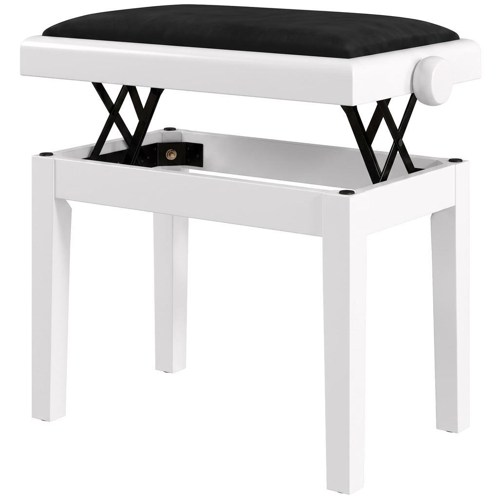 Piano Bench Height-Adjustable Piano Stool with Padded Cushion, Velvet Look, Legs Made of Rubberwood White