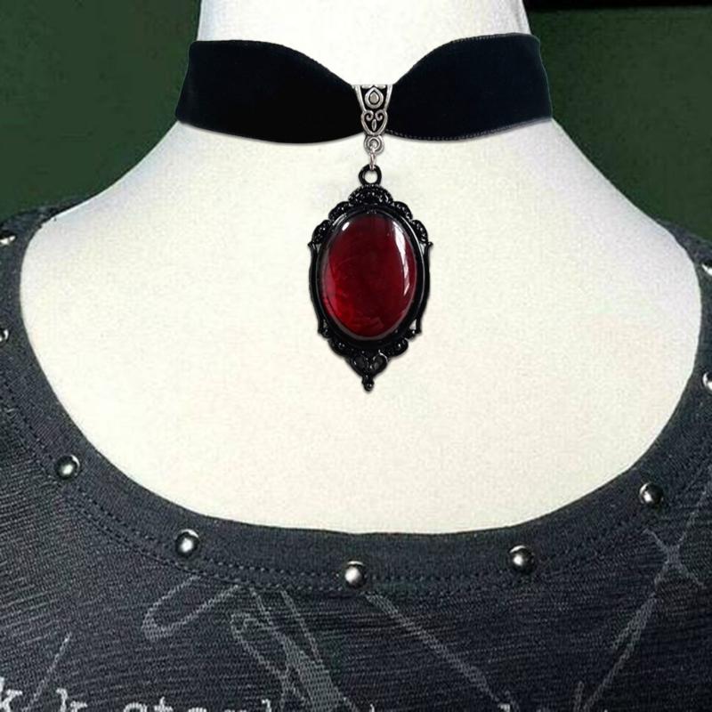Черный бархатный воротник Готический Викторианский черный тисненый кристальный кулон Мода Женские подарки Языческая колдовская бижутерия