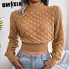 Женский модный повседневный однотонный осенне-зимний вязаный свитер с длинными рукавами и круглым вырезом, тонкий трехмерный вязаный свитер с пупком и ромбовидным вырезом