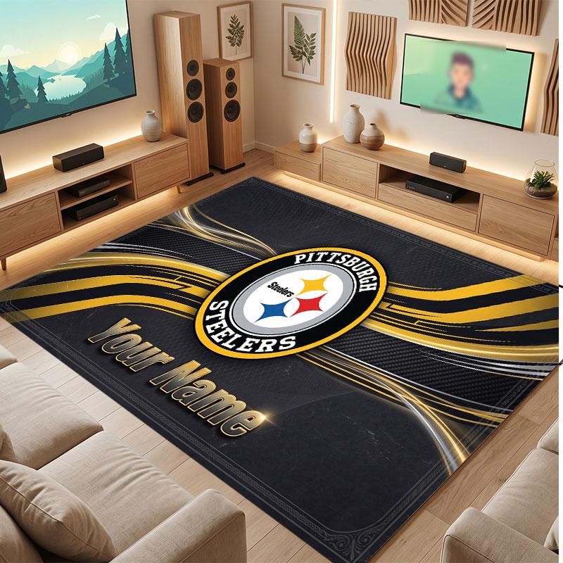 Pittsburgh Steelers Personalized Crystal Velvet Carpet, Customized Name Text Soft Anti‑Slip Rug for Living Room Bedroom