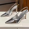 Fashion Shiny High Heels Slingback Women Pumps Metallic Crystal Sandals Pointy Toe Stiletto Heeled Shoes Silver Party Dress Shoes Woman