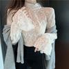 Lace Undershirt Women's Stand-Collar Autumn Winter Sweater Inner Wear Stylish Mesh Flared Sleeve Long-Sleeve Lace Top