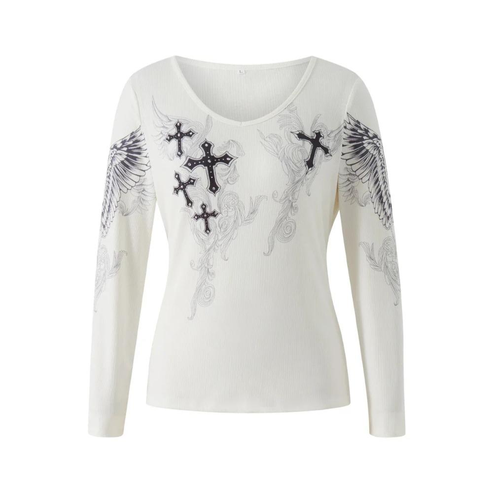 Y2k Graphic Cross Wings Print Long Sleeve Women Grunge Fairy T Shirt Harajuku Tee 2000s Esthetic Punk Style Clothes Streetwear