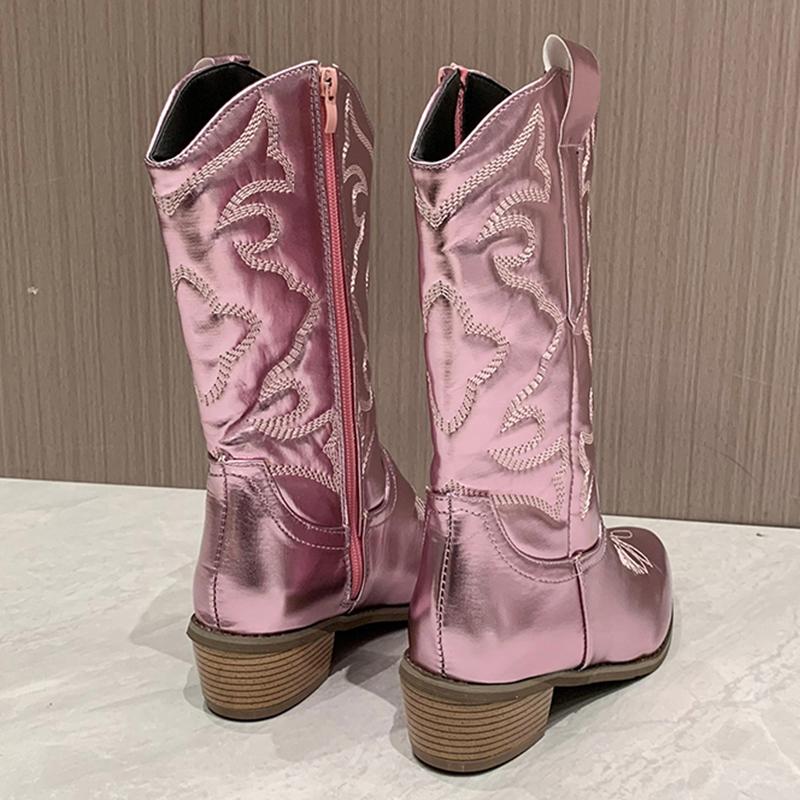 Золотые сапоги до середины икры, женская молния сбоку, серебряные остроконечные ковбойские сапоги в стиле вестерн, модные черные сапоги в стиле ретро, женские сапоги больших размеров 36–43