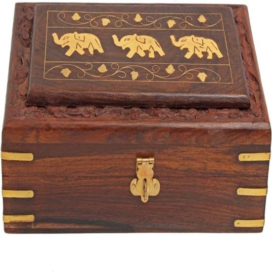 20.32 Cm Wooden Jewellery Keepsake Storage Box With Hand Carved Floral Design And Brass Inlay On Lid Decorative Gifts