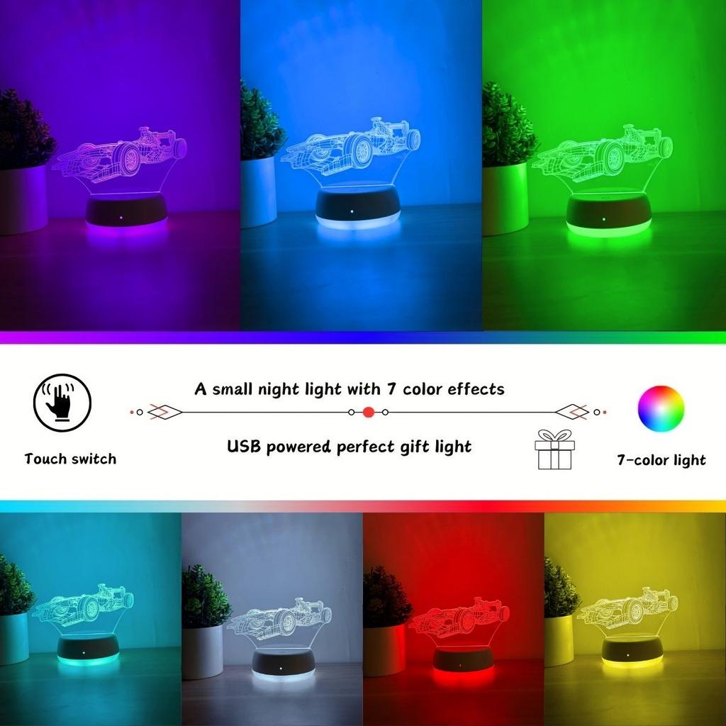 Сенсорный 7-цветный градиентный гоночный 3D ночник, USB питание, украшение для спальни и рабочего стола, идеальный выбор для подарка