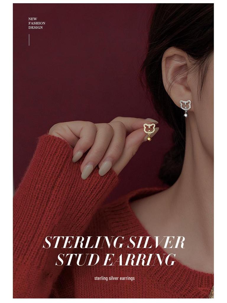 Серьги из серебра 925 пробы 'Зодиакальный Тигр' для женщин - в японском и корейском стиле с колокольчиками и бриллиантами