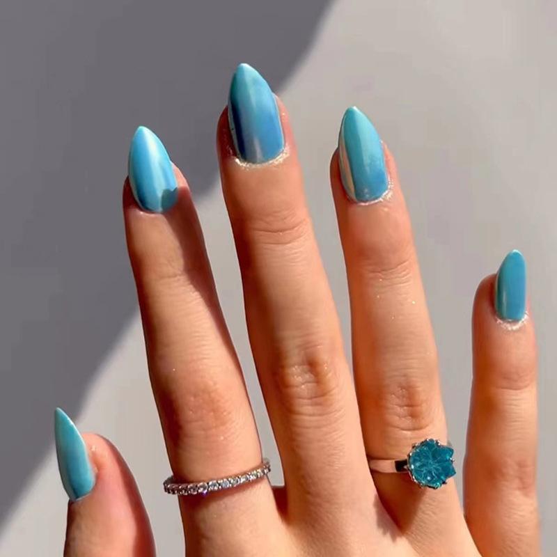 24Pcs Mid-length French Fake Nail with Silver Edge Design Round Head Almond False Nail Wearable Simple Finished Press on Nails