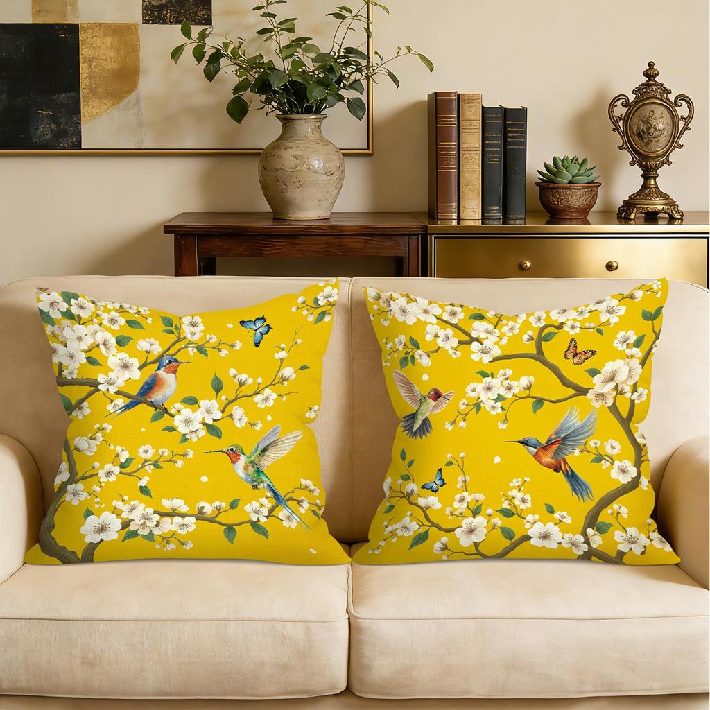 2 Pack Yellow Hummingbird Bird Pillow Covers Double Sided Print Floral Butterfly Cushion Cases Home Decor