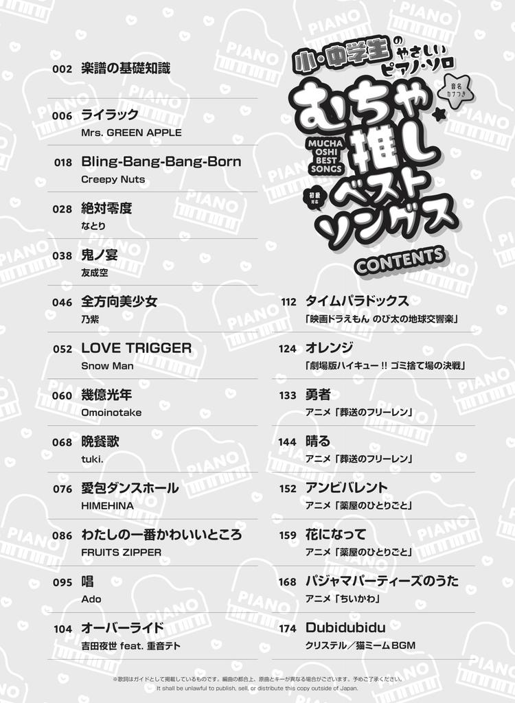 Easy Piano Solo for Elementary and Junior High School Mucha Oshi Best Songs Name In Students [note Kana]