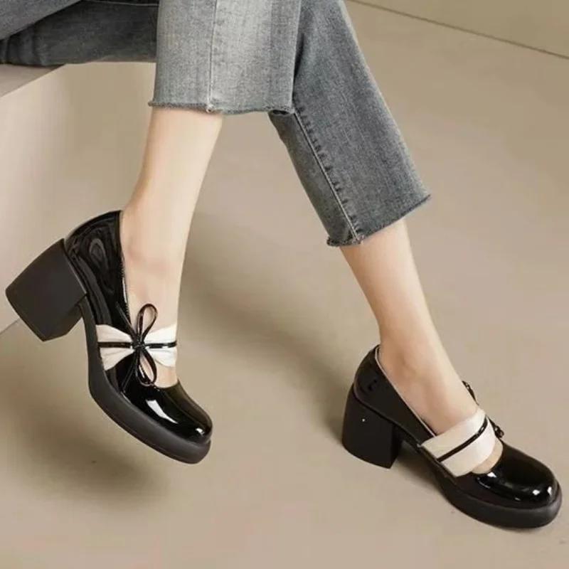 Fashion High Heels for Women 2024 British Style Mary Jane Women's Shoes Bow Thick Heels Gentle Shallow Mouth Single Shoes for Women