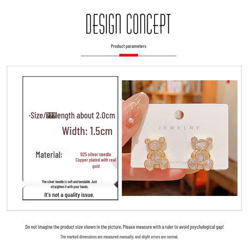 Chic Korean Zircon Teddy Bear Stud Earrings for Women - Fashionable, Trendy, Influencer Style with Silver Needle.
