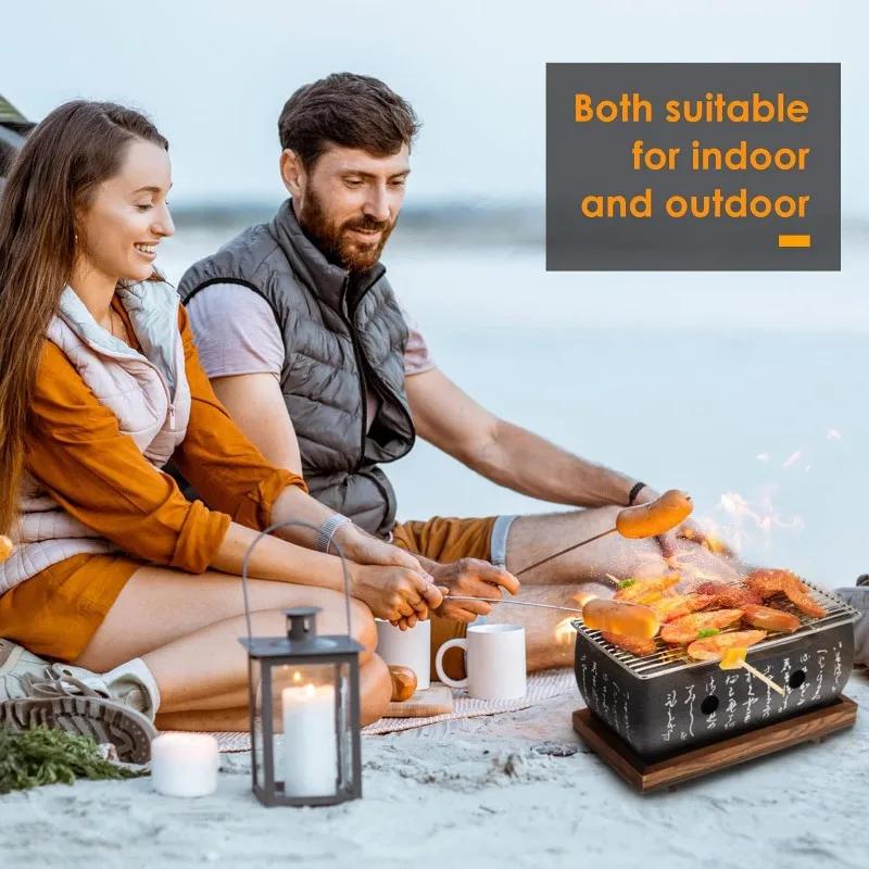 Японский стиль BBQ гриль Портативная плита для барбекю Алюминиевый бытовой угольный гриль с сеткой Деревянное основание Инструменты для барбекю