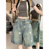 Women High Waist Retro Washed Wide Leg Jeans Girls Street Star Loose Denim Pants Female Blue Knee Length Shorts