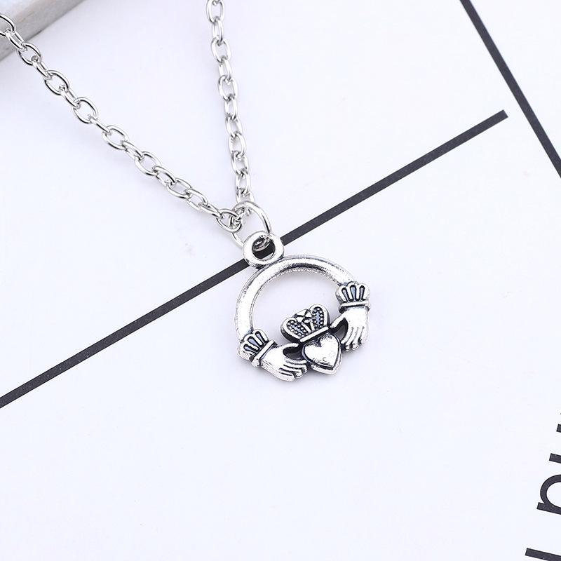 Retro Crown Necklace with Hands Holding Heart Pattern Ornament Christmas Birthday Gift