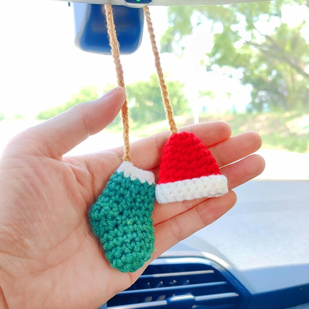 Handmade Hat and Stocking Rear View Mirror Accessories, Cute Crochet Decoration Car Mirror Hanging Accessories, Car Hanging Ornament and Bag Charm