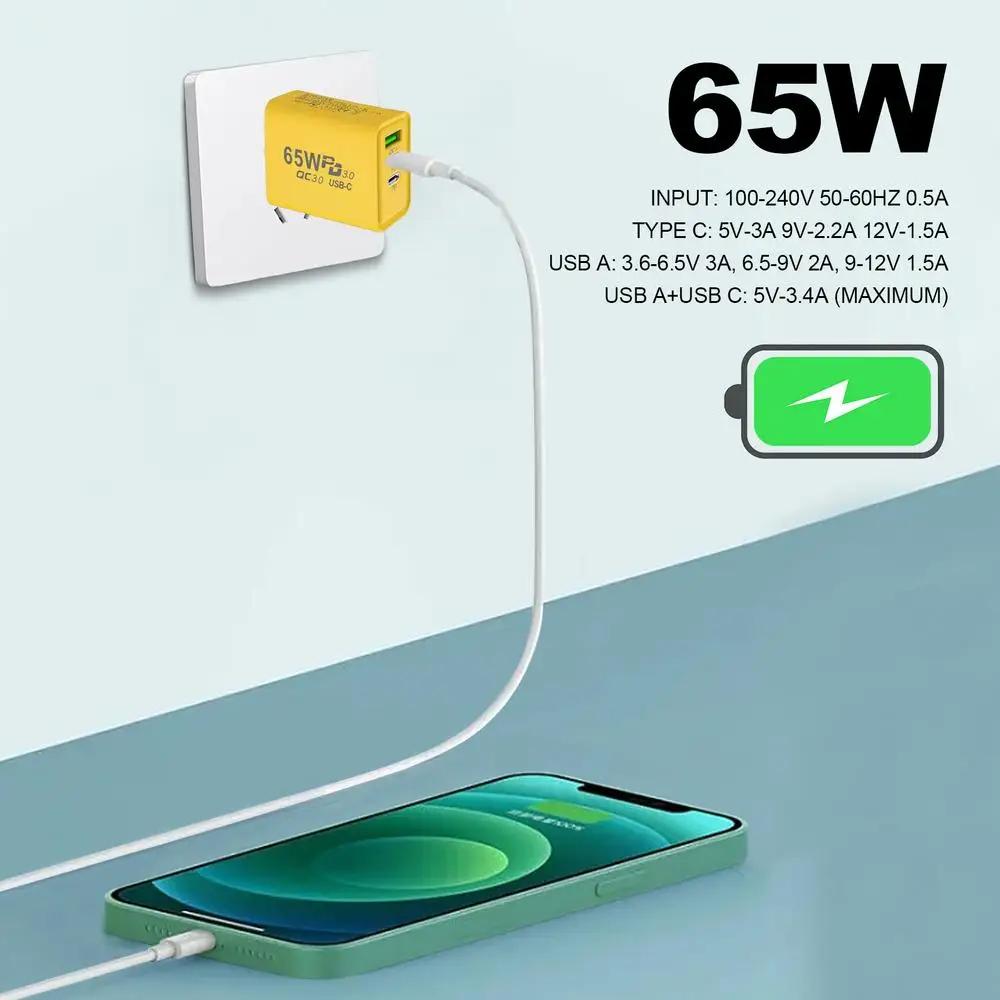 Зарядное устройство PD 65 Вт USB C, 3 порта, быстрая зарядка, зарядное устройство типа C, адаптер для телефона для Iphone 15, 14, 13, 12, Xiaomi, Huawei, Samsung