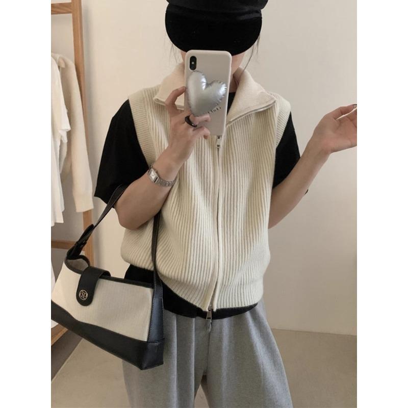 Женский осенне-зимний вязаный кардиган с двойной молнией и лацканами