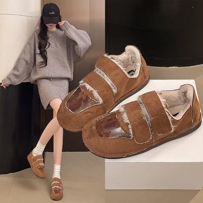 Потерянный лось [Обувь Хлеб Вулкан] Универсальные плюшевые туфли-хлеб Осень-зима Кожа Круглый носок Пушистая обувь Одинарная обувь Женская