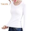 Women Thermal Tops Round Neck Long Sleeve Velvet Lining Bottoming Tops Slim Fit Solid Color Warm Tee Shirt