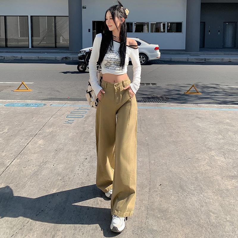 Khaki wide-leg jeans women's autumn new design sense high waist loose and thin drape floor machete pants